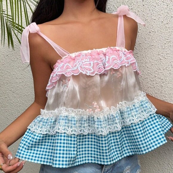 Boho Women's Vacation Plaid multi print Lace Splicing Camisole top - Picture 6 of 7